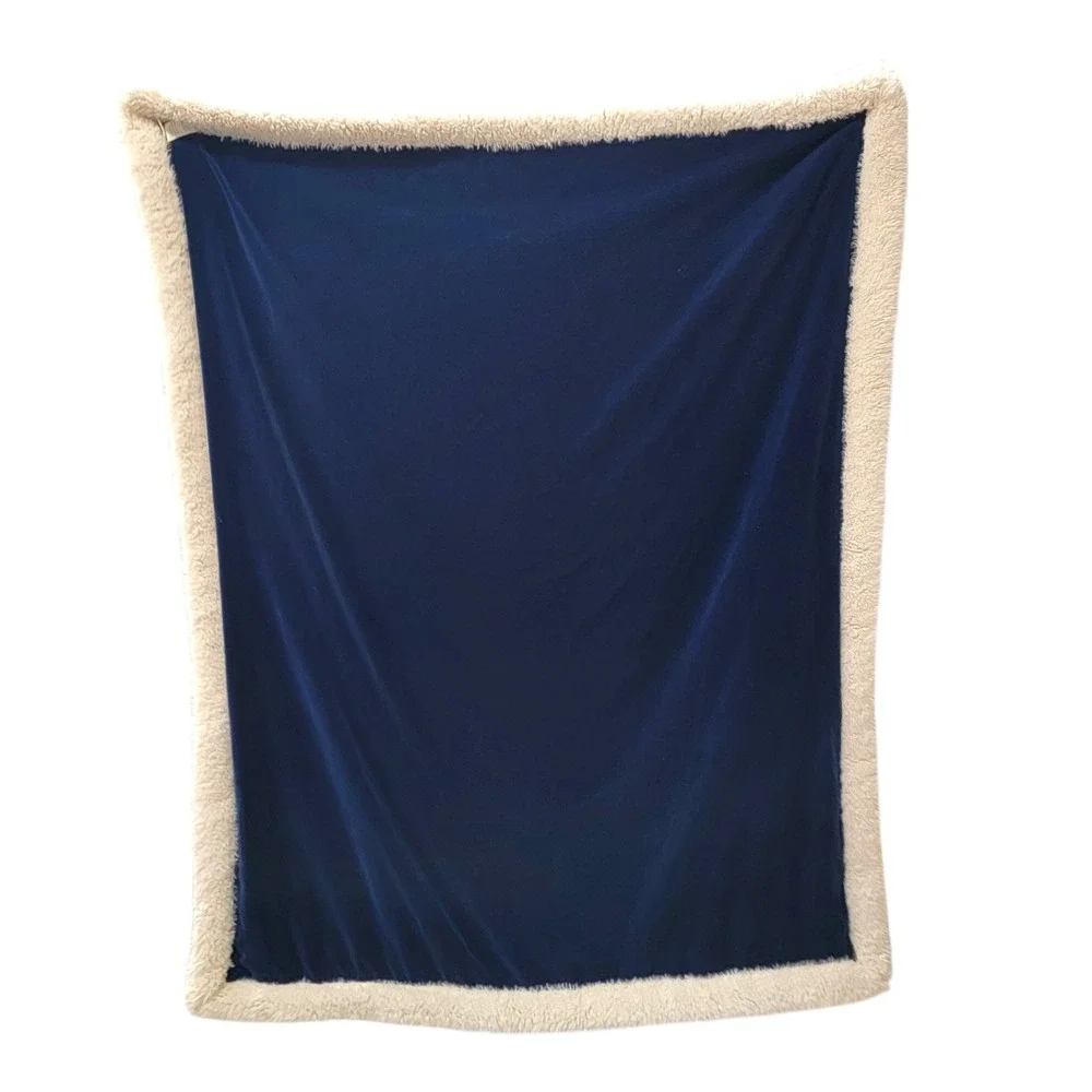 PBteen Pottery Barn Throw Blanket Navy Blue 60 x 47 Cotton Sherpa Faux Fur Trim